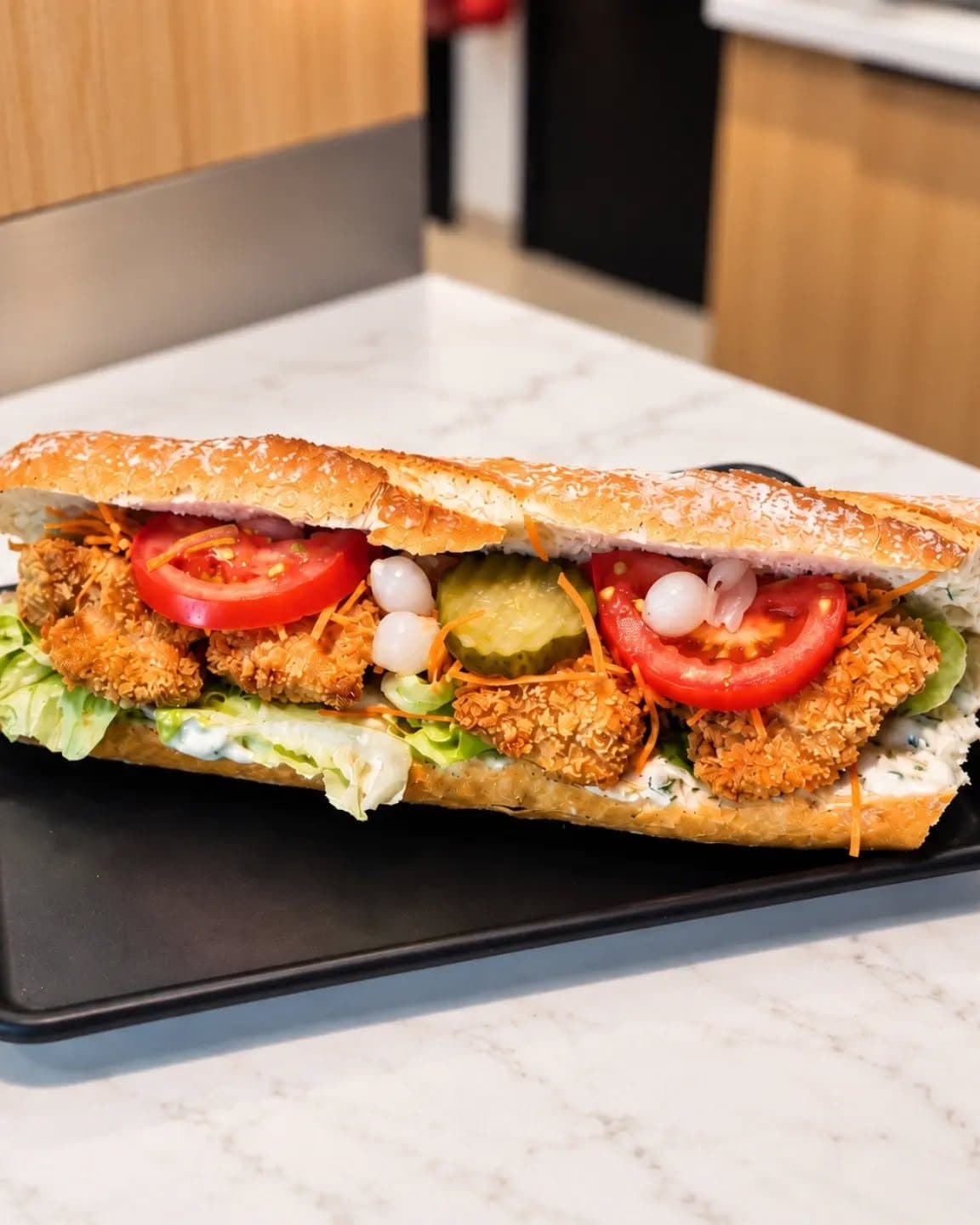 Une baguette garnie de poulet croquant, de tomate, de cornichons et de petits oignons, sur un plateau noir